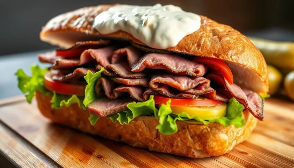 A gourmet roast beef sandwich, overflowing with tender slices of beef, topped with a dollop of creamy horseradish sauce, resting on a crusty ciabatta roll. Vibrant green lettuce, ripe tomato slices, and pickles add color and texture, all elegantly arranged on a wooden serving board. Soft lighting highlights the juicy details and rich textures of the ingredients.