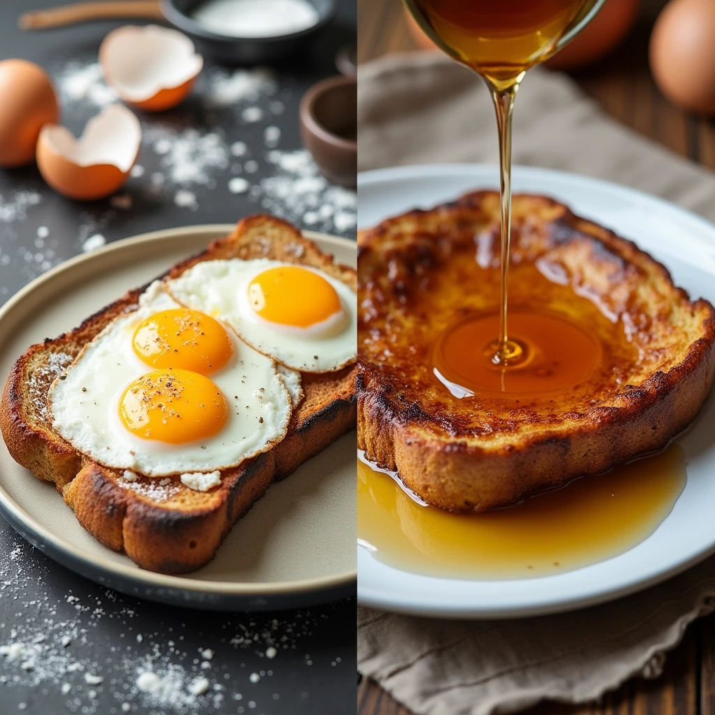 breakfast recipes with sourdough bread
A split-screen image showcasing common breakfast mistakes with sourdough bread: on one side, a burnt sourdough toast topped with overcooked eggs, and on the other, soggy sourdough French toast drenched in syrup. In the background, various neglected ingredients like spilled flour and a broken egg shell, emphasizing kitchen chaos. The overall scene conveys a sense of culinary mishaps without showing any people.