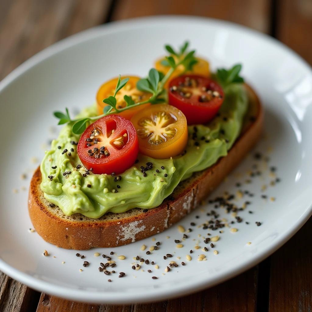 A beautifully plated slice of sourdough bread topped with creamy avocado spread, garnished with cherry tomato halves, microgreens, and a sprinkle of sesame seeds, all set against a rustic wooden background.
breakfast recipes with sourdough bread