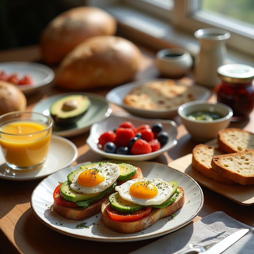 breakfast with sourdough bread
A beautifully arranged breakfast table featuring a variety of sourdough bread options, including golden-brown toast, open-faced sandwiches topped with fresh avocado, poached eggs, and vibrant heirloom tomatoes, alongside a small bowl of mixed berries and a jar of artisanal jam. Natural light streaming in, highlighting the textures of the bread and the colorful ingredients.