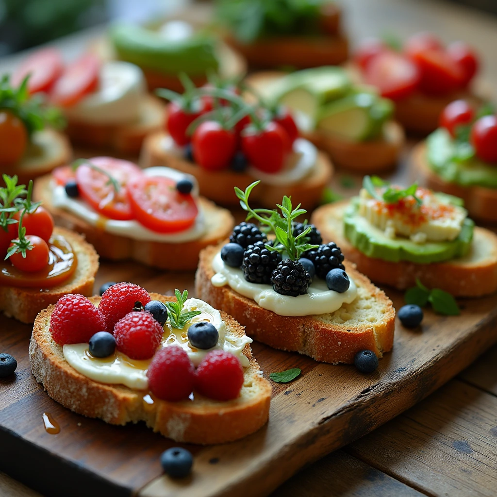 breakfast with sourdough bread
A rustic wooden table filled with artisanal sourdough bread slices, showcasing an array of creative toppings and combinations: sweet options like honey drizzled over creamy mascarpone with fresh berries, and savory choices featuring avocado spread topped with cherry tomatoes and microgreens, all surrounded by vibrant herbs and colorful garnishes. Soft morning light illuminating the scene, enhancing the textures and colors of the ingredients.