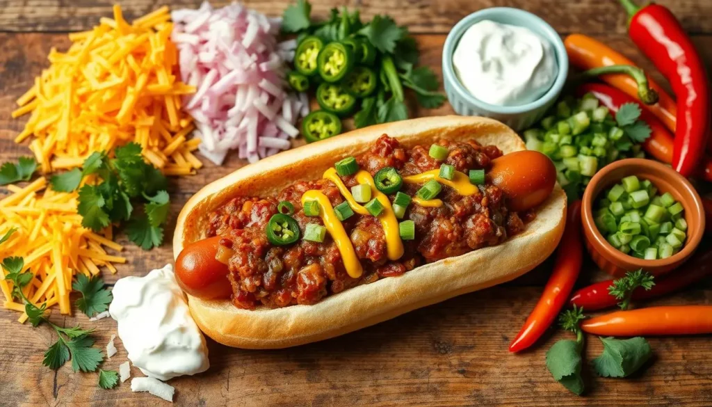 A vibrant assortment of chili dog toppings displayed on a rustic wooden table, featuring shredded cheddar cheese, diced onions, jalapeño slices, sour cream, chopped green onions, and a drizzle of tangy mustard over a plump hot dog nestled in a toasted bun, surrounded by fresh herbs and colorful chili peppers.