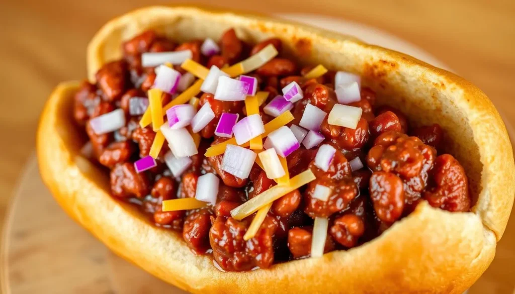 Create an image of a delicious chili dog served in a toasted bun, topped with flavorful chili, shredded cheddar cheese, and finely chopped red onions. The background should be simple, emphasizing the warm and appetizing details of the chili dog.