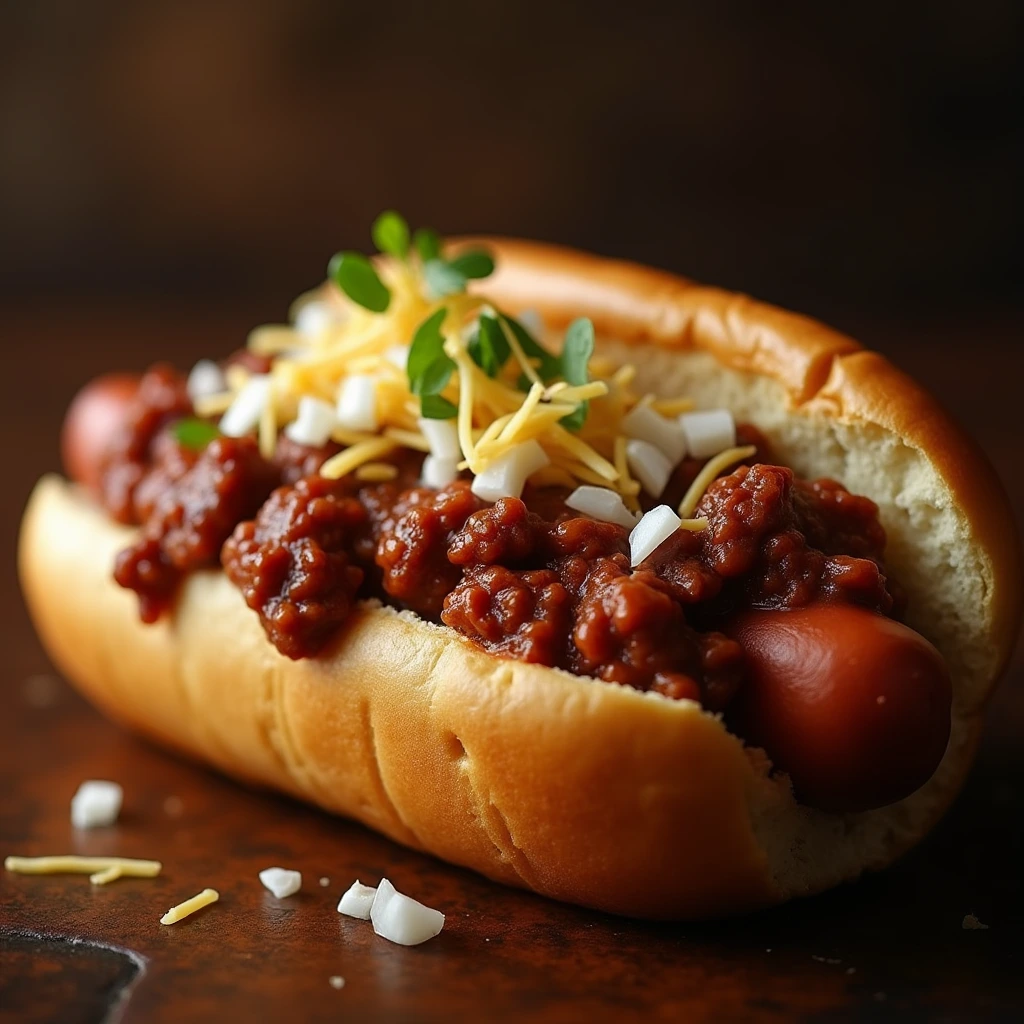 "Ultra-high-definition, commercial-grade photograph of a gourmet hot dog topped with perfectly crafted chili. The chili is rich, velvety, and deeply seasoned, made from finely crumbled, slow-simmered beef with a glossy sheen—completely free of beans. The premium hot dog has precise grill marks, nestled in a lightly toasted, golden brioche bun. Expertly placed garnishes of finely diced white onions and freshly grated aged cheddar add texture and color contrast. The background features a soft, defocused gradient with warm, moody lighting, creating a high-end, editorial-style presentation worthy of a professional food campaign."