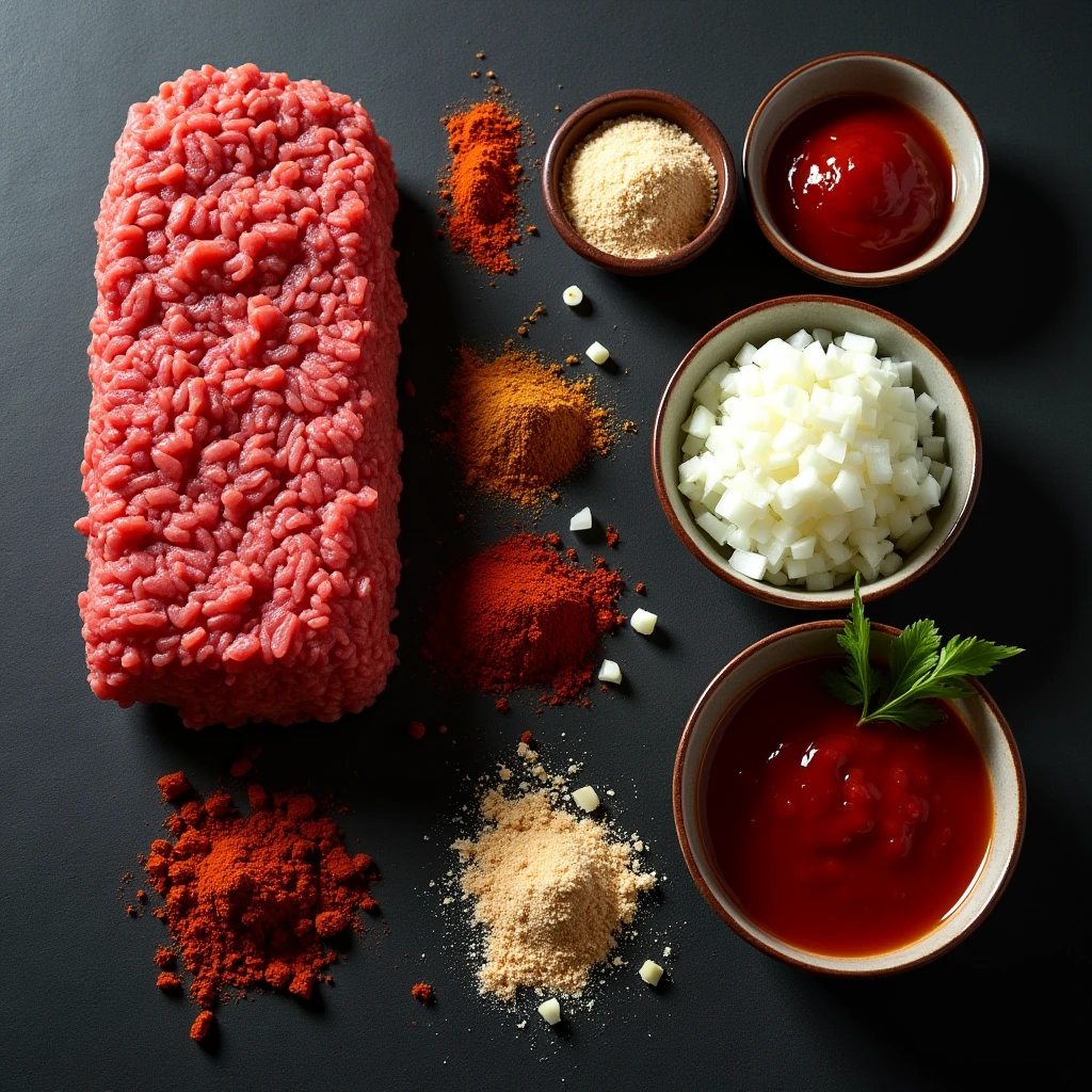 Ultra-high-definition, professional flat-lay composition of premium hot dog chili ingredients. Displayed on a dark, textured surface are high-quality, freshly ground beef with a rich red hue, vibrant red tomato sauce, finely diced white onions, and an expertly balanced blend of spices, including deep red chili powder, smoky paprika, garlic, and cumin. A small dish of rich beef broth adds depth, while a drizzle of glossy chili sauce hints at the final texture. The lighting is dramatic and directional, casting soft shadows for a high-end, editorial-style presentation that emphasizes freshness and quality.