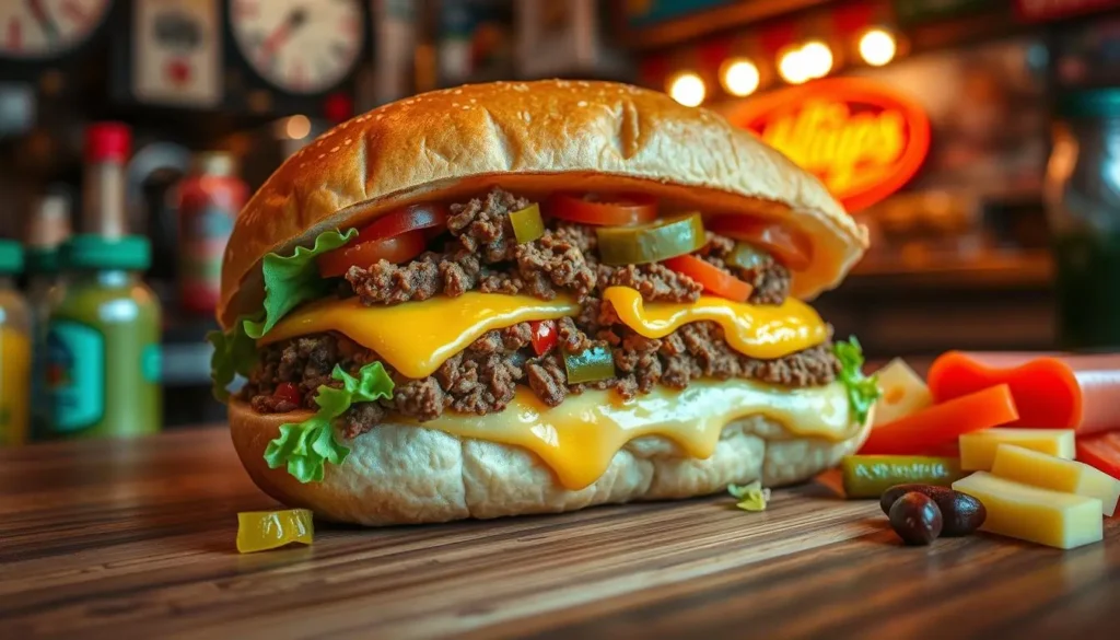 chopped cheese sandwiches
Bodega-style chopped cheese sandwich on a wooden countertop, featuring melted cheese, seasoned ground beef, fresh lettuce, tomatoes, and pickles, served in a soft hero roll, with colorful condiments on the side, warm lighting, urban bodega atmosphere --stylrecipes