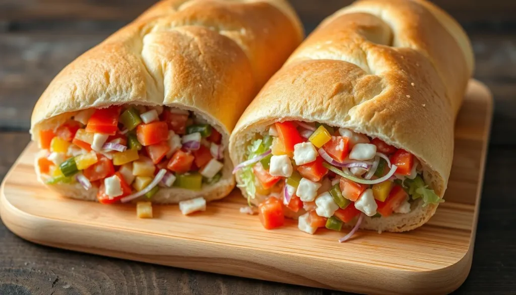 chopped italian sandwich
A close-up view of two freshly prepared sub sandwiches on a wooden cutting board. The sandwiches are made with soft baguette-style bread and filled with a colorful mixture of finely chopped ingredients. The filling includes diced tomatoes, shredded lettuce, red onions, pickles, and possibly small chunks of deli meat or seafood, mixed with a creamy dressing. The sandwiches are sliced diagonally, showcasing the vibrant layers inside. Attention to detail includes the slight toasting of the bread, the neat but overflowing filling, and the rustic, natural wooden surface.