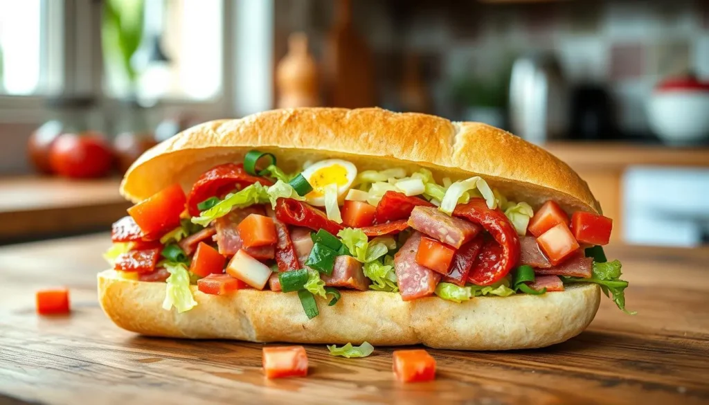 chopped italian sandwich
A close-up, side view of a colorful chopped Italian sandwich on a rustic wooden table. The sandwich is made with a crusty Italian roll filled with finely chopped deli meats, egg, including salami, capicola, and mortadella, mixed with shredded lettuce, diced tomatoes. The filling glistens with olive oil and vinegar, and the roll is slightly toasted. The background is blurred, featuring a casual kitchen setting with natural lighting that highlights the vibrant ingredients.