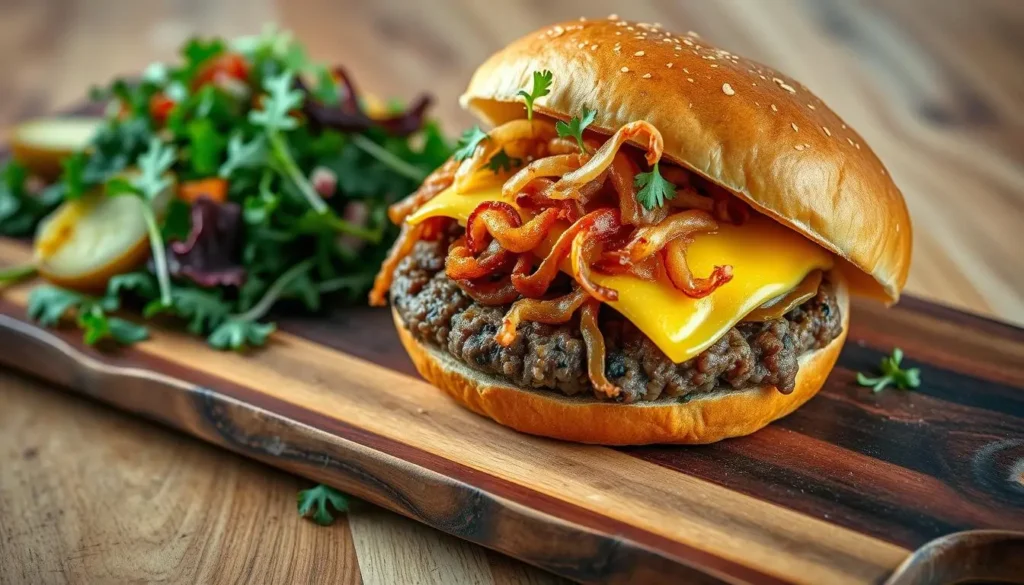 A gourmet ground beef sandwich with a juicy patty, topped with melted aged cheddar and crispy fried onions, served on a toasted brioche bun. Accompanied by a side of tangy pickles and an elegant arugula salad, all presented on a rustic wooden board with delicate garnishes of fresh herbs. Natural lighting, warm color palette.