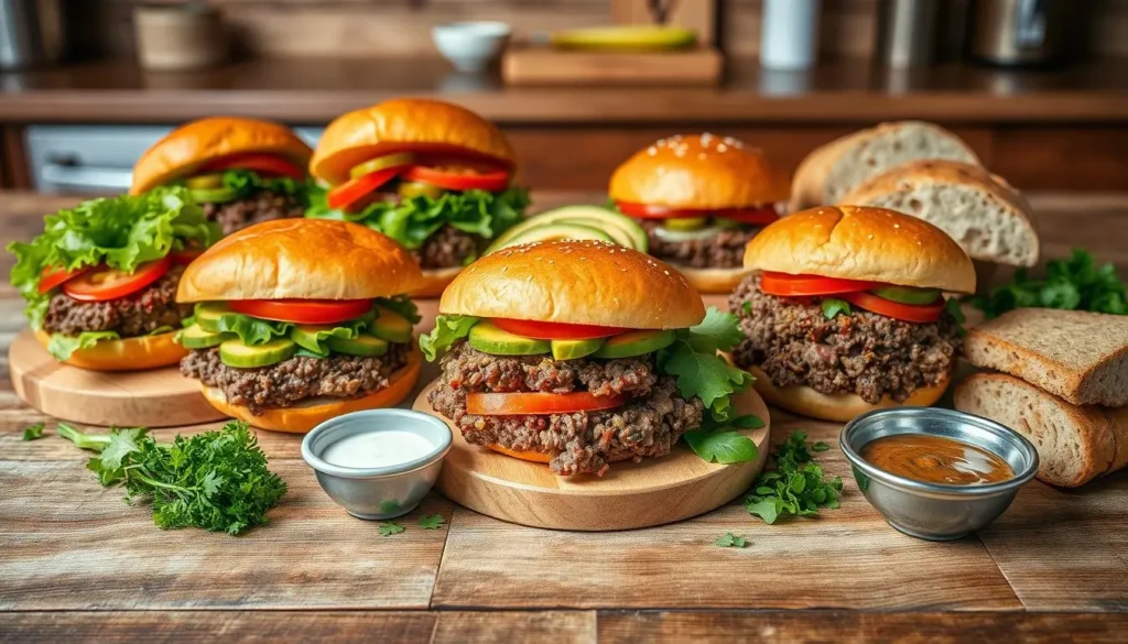 A colorful assortment of gourmet ground beef sandwich on a rustic wooden table, featuring vibrant toppings like fresh lettuce, ripe tomatoes, sliced avocados, pickles, and melted cheese, with a variety of bread options such as whole grain, ciabatta, and sourdough, surrounded by fresh herbs and condiments in small bowls, all set against a warm kitchen backdrop.