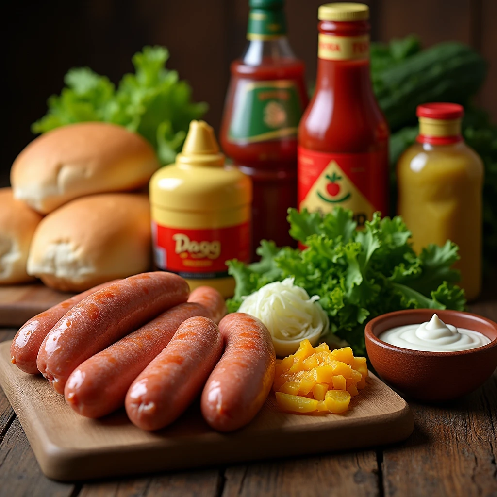 **Prompt:**"A visually appealing arrangement of fresh ingredients for a homemade hot dog. Displayed neatly on a rustic wooden countertop, the ingredients include plump, juicy sausages, freshly baked soft buns, homemade mustard, tangy ketchup, and creamy mayonnaise. Additional toppings like finely chopped onions, pickles, and shredded lettuce are also included, showcasing their vibrant colors and textures. The lighting emphasizes the freshness of each ingredient, with a warm, inviting ambiance in the background, evoking the essence of a home-cooked meal."