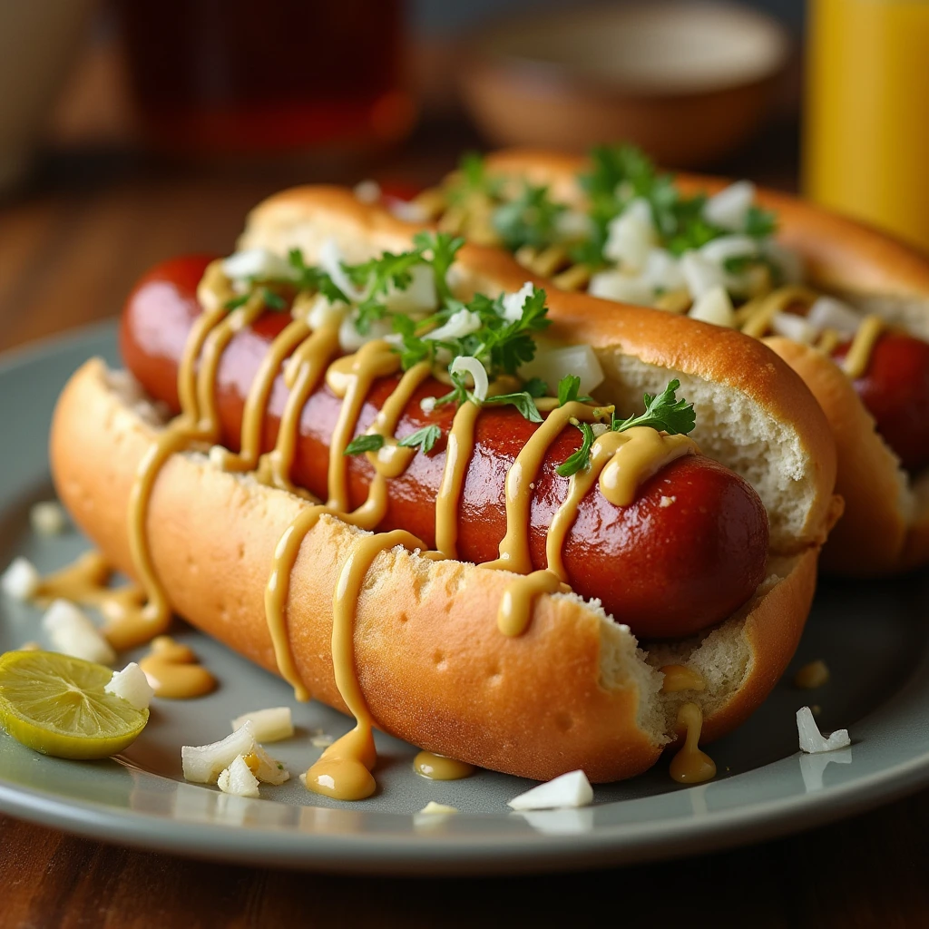 A homemade hot dog dressed with rich, flavorful sauces and fresh toppings. The sausage rests in a soft, lightly toasted bun, drizzled with creamy homemade mayonnaise, tangy mustard, and a touch of spiced ketchup. The dressing is applied with a rustic, handcrafted touch, with sauces slightly blending for a natural, appetizing look. Garnished with finely chopped onions, fresh herbs, or pickles, the presentation feels homemade yet visually appealing. The background is warm and inviting, evoking the comfort of a home-cooked meal.