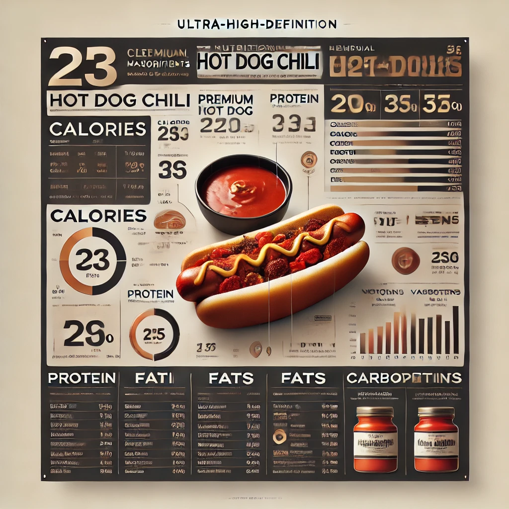 Ultra-high-definition, professional infographic-style composition showcasing the nutritional breakdown of premium hot dog chili. A sleek, modern layout presents key macronutrients—calories, protein, fats, and carbohydrates—alongside essential vitamins and minerals. A high-end, minimalistic design integrates stylish typography and subtle graphical elements, with a warm, appetizing color scheme inspired by the rich tones of the chili. The background is clean and sophisticated, ensuring a polished and authoritative presentation suitable for a premium food brand or health-conscious audience.