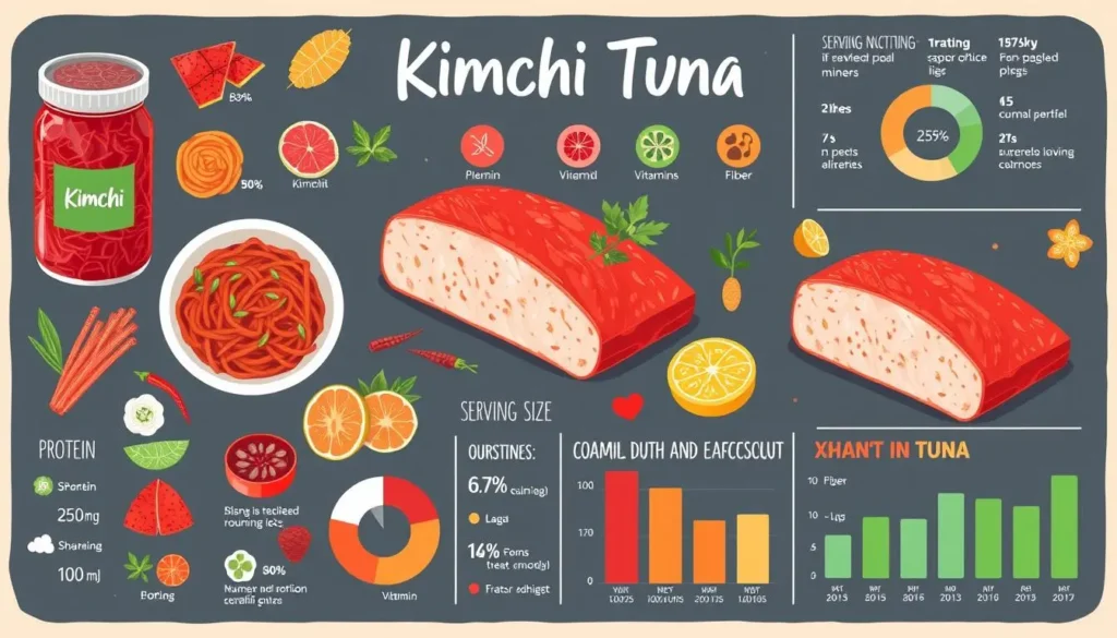 kimchi tuna
A colorful infographic illustration depicting the nutritional breakdown of Kimchi Tuna, featuring vibrant visuals of kimchi, tuna, and various nutrients like protein, fiber, vitamins, and minerals. Include artistic representations of serving sizes, pie charts, and bar graphs to visually showcase the content with a harmonious blend of colors and textures that highlight the health benefits of this flavorful combo.