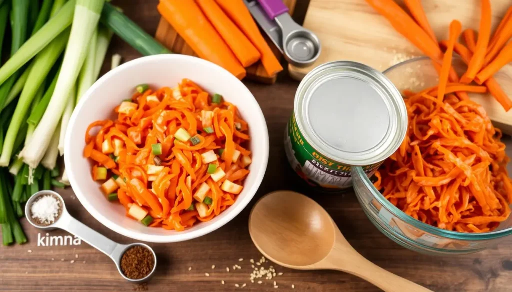 kimchi tuna
A vibrant kitchen scene featuring a bowl of fresh, chopped kimchi next to a can of tuna, colorful vegetables like green onions and carrots, measuring spoons filled with spices, and a mixing bowl. A wooden spoon rests beside the ingredients, with scattered sesame seeds and a cutting board in the background, showcasing the process of making homemade kimchi tuna.