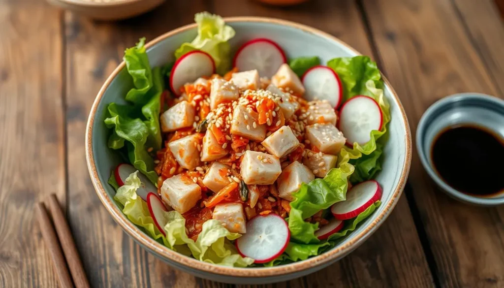 kimchi tuna salad
A vibrant bowl of kimchi tuna salad, featuring colorful chunks of tuna mixed with spicy kimchi, surrounded by fresh greens like lettuce and cucumber slices, garnished with sliced radishes and sesame seeds, served on a rustic wooden table with chopsticks and a small dish of soy sauce on the side.