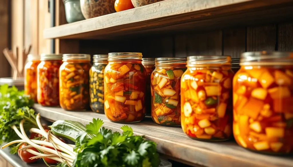 kimchi tuna salad
A rustic kitchen scene featuring jars of vibrant, colorful kimchi neatly arranged on a wooden shelf, with various types of kimchi visible through the glass, surrounded by fresh vegetables and herbs, warm natural lighting illuminating the space, emphasizing the fermentation process.