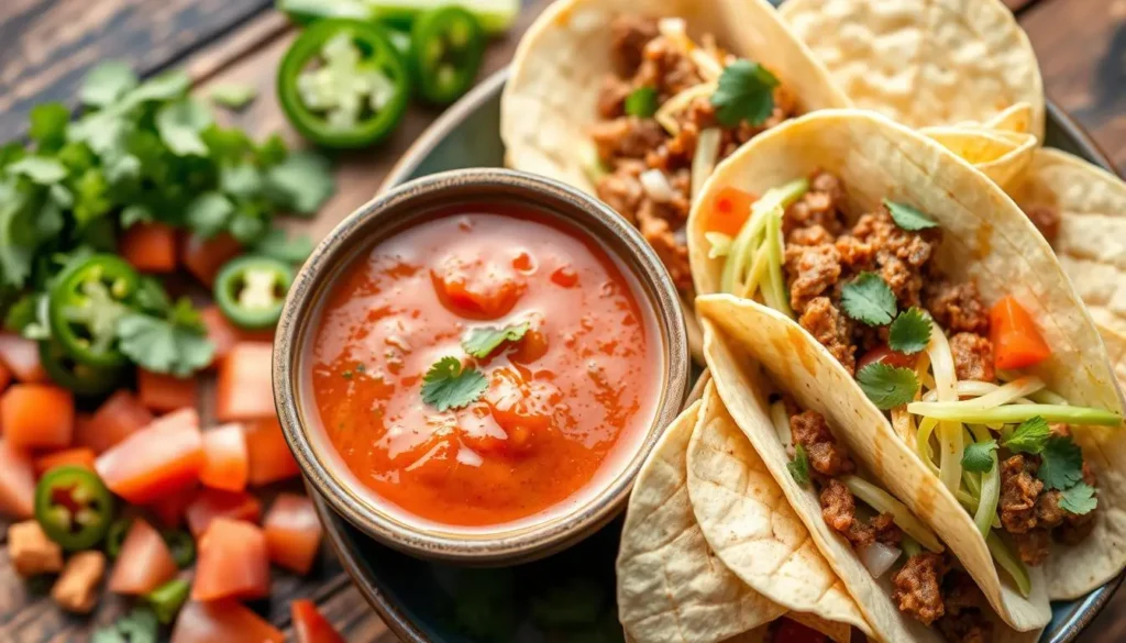 mild taco sauce
A vibrant bowl of mild taco sauce, rich in color and texture, surrounded by an array of fresh ingredients like diced tomatoes, chopped cilantro, and sliced jalapeños. The sauce is drizzled over a plate of soft tacos filled with seasoned meat, lettuce, and cheese, with some tortilla chips on the side. A rustic wooden table serves as the background, enhancing the warm and inviting atmosphere of a casual dining setting.