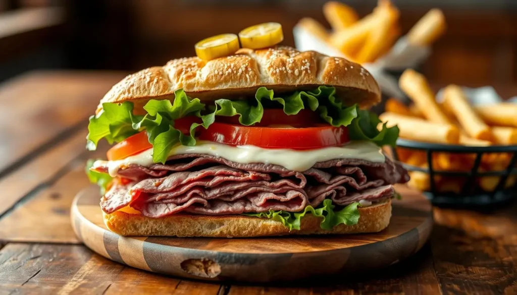 A traditional roast beef sandwich, showcasing layers of succulent roast beef, fresh lettuce, ripe tomatoes, and creamy mayonnaise, nestled between two slices of crusty artisan bread, garnished with a side of crispy pickles and golden fries, presented on a rustic wooden table with a soft, natural light illuminating the scene.