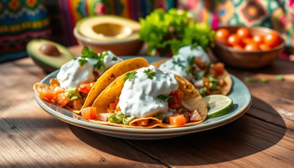 sour cream with tacos
A vibrant plate of tacos topped generously with smooth sour cream, surrounded by fresh ingredients like diced tomatoes, crisp lettuce, and slices of avocado, set on a rustic wooden table with colorful Mexican textiles in the background, warm sunlight casting soft shadows.