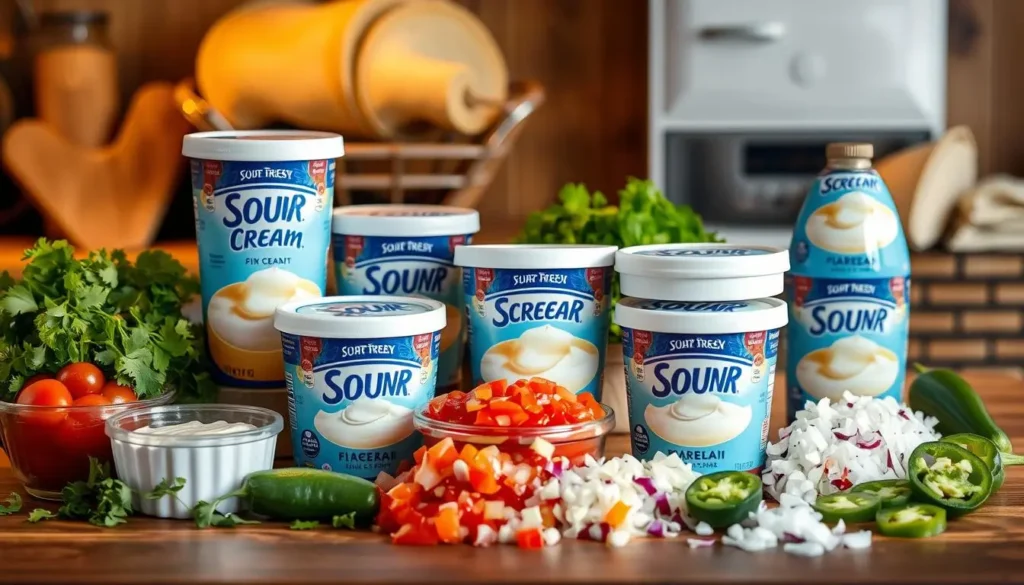 A variety of sour cream containers displayed on a wooden kitchen countertop, surrounded by vibrant taco ingredients like colorful salsa, fresh cilantro, chopped onions, and slices of jalapeño, with soft tortillas in the background, warm lighting creating an inviting atmosphere.
sour cream with tacos