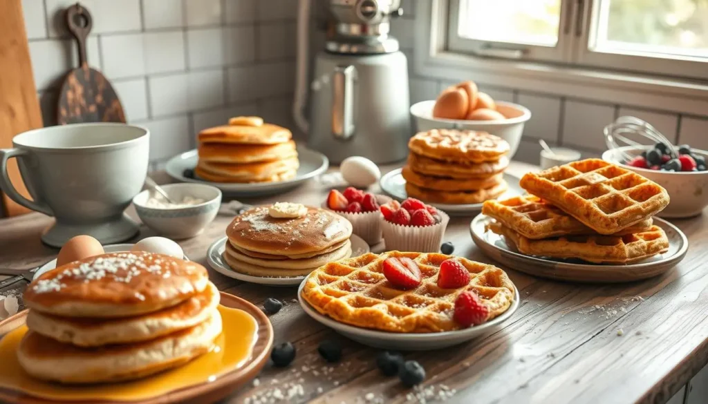 sourdough discard breakfast recipes
A cozy kitchen scene featuring various sourdough discard breakfast dishes, including fluffy pancakes, savory muffins, and crispy waffles, arranged on a rustic wooden table. Ingredients like flour, eggs, and fresh berries scattered around. A vintage mixing bowl and a whisk nearby, with soft morning light streaming through a window to create a warm and inviting atmosphere.