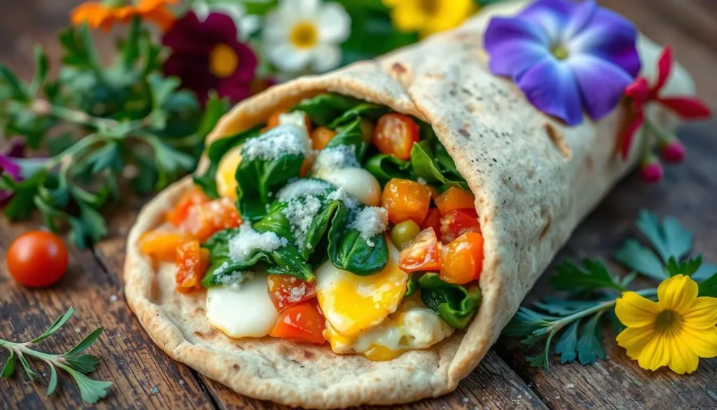 sourdough discard breakfast recipes
A close-up view of a savory sourdough breakfast wrap filled with scrambled eggs, sautéed spinach, diced tomatoes, and melted cheese, resting on a rustic wooden table, surrounded by fresh herbs and colorful edible flowers, with soft morning light illuminating the scene.