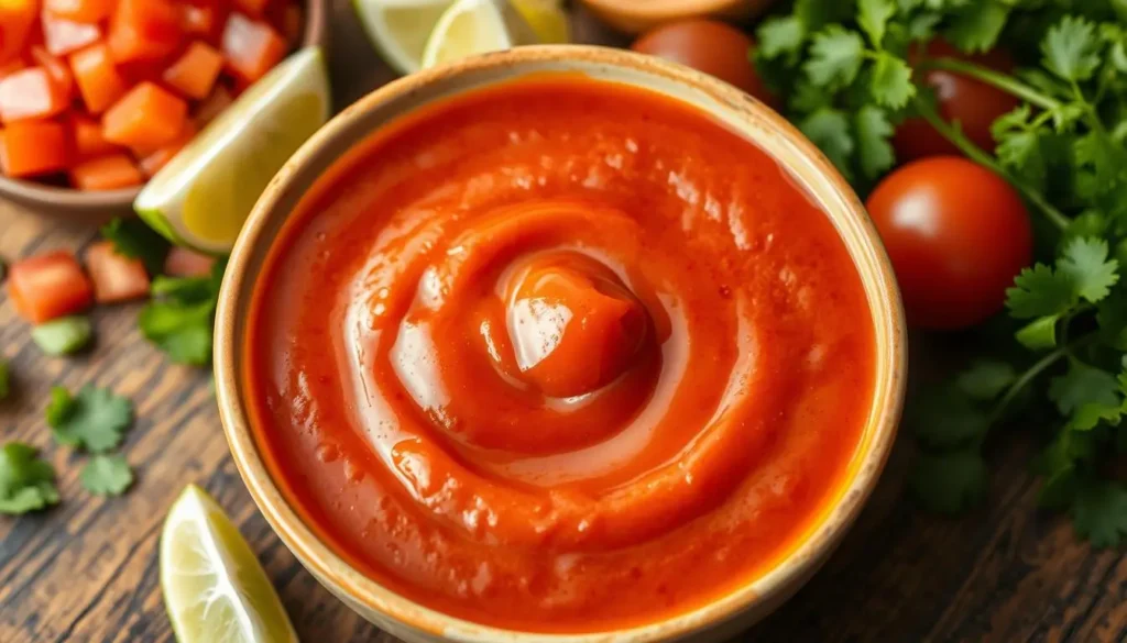 tacos sauce
A vibrant bowl of taco sauce with a perfect thick consistency, glistening under soft light, surrounded by fresh ingredients like diced tomatoes, chopped cilantro, and lime wedges, showcasing the rich red hue and smooth texture of the sauce, on a rustic wooden table.