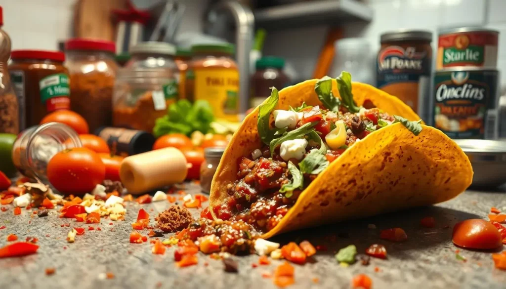 tacos sauce
A chaotic kitchen scene featuring a variety of taco sauce ingredients spilled and disorganized, with overcooked tomatoes, burnt garlic, overflowing spice jars, and an open can of beans; in the background, a taco shell filled with mismatched toppings like too much sour cream and wilted lettuce, all under bright kitchen lights highlighting the messiness of taco sauce preparation.