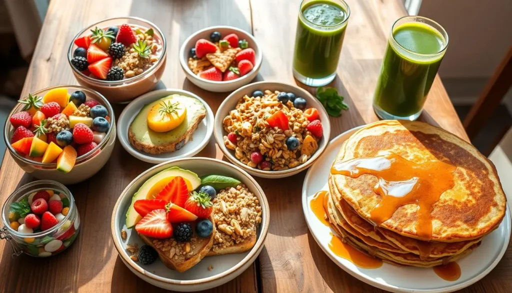 A vibrant spread of plant-based breakfast foods, featuring colorful smoothie bowls topped with assorted fruits and seeds, whole grain avocado toast garnished with microgreens, a hearty quinoa breakfast bowl with nuts and berries, fluffy pancakes made from almond flour with maple syrup and fresh fruit, and a refreshing green juice in a glass, all beautifully arranged on a rustic wooden table, with sunlight streaming in to enhance the colors.