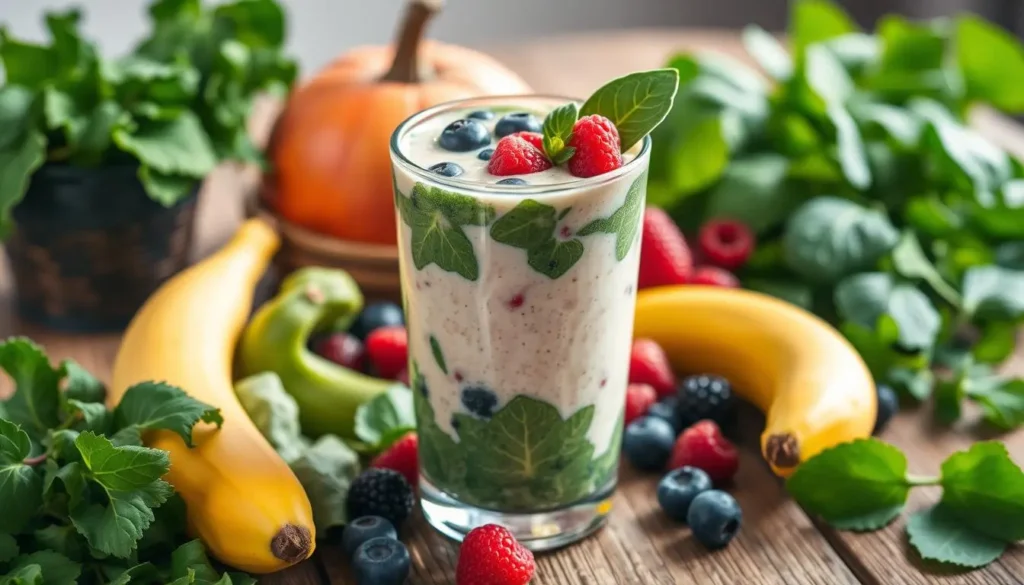 Vibrant and refreshing WFPB breakfast smoothie in a clear glass, filled with a blend of leafy greens, bananas, berries, and plant-based milk, surrounded by fresh fruit and leafy greens on a rustic wooden table, soft morning light illuminating the scene.