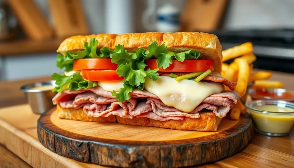 what goes on a roast beef sandwich
A beautifully arranged roast beef sandwich on a rustic wooden board, featuring layers of tender roast beef, vibrant green lettuce, juicy red tomatoes, crispy dill pickles, creamy mayonnaise, zesty horseradish sauce, and melted Swiss cheese, with a side of golden fries and dipping sauces, all set against a warm kitchen backdrop.