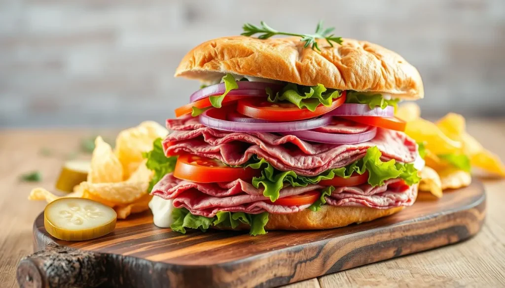 what goes on a roast beef sandwich
A beautifully arranged cold roast beef sandwich on a rustic wooden board, featuring layers of tender roast beef, fresh lettuce, ripe tomatoes, sliced red onions, and a spread of creamy horseradish sauce. The sandwich is stacked high with a golden-brown crusty artisan roll, garnished with sprigs of fresh herbs and accompanied by a side of crunchy pickles and potato chips. Soft natural lighting enhances the vibrant colors and textures of the ingredients.