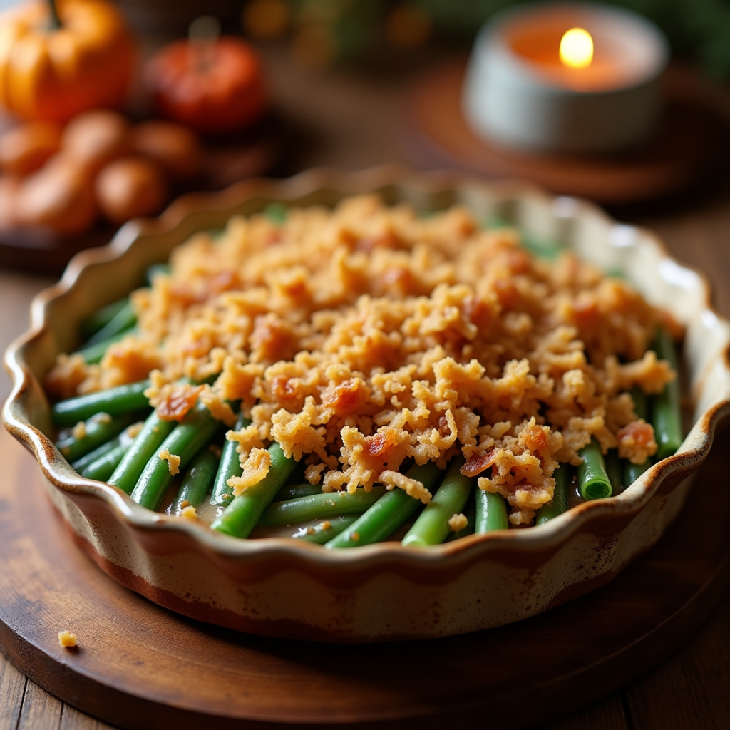 A freshly baked green bean casserole for 10, topped with golden, crispy fried onions, served in a rustic dish on a wooden table, ready for a family gathering.