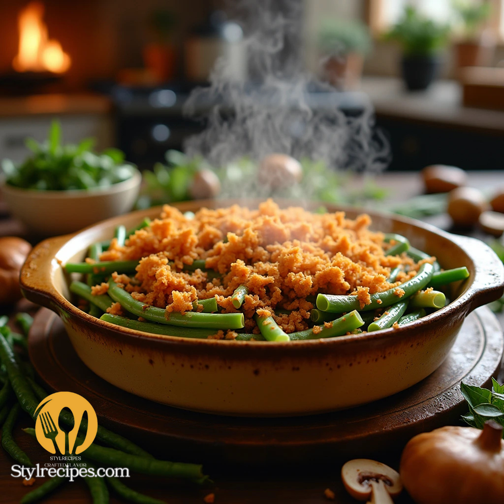 A homemade green bean casserole with soy sauce, topped with crispy fried onions and served in a rustic ceramic dish. The vibrant green beans contrast with the golden-brown onions, surrounded by a creamy, savory sauce, set on a wooden table with soft natural lighting.