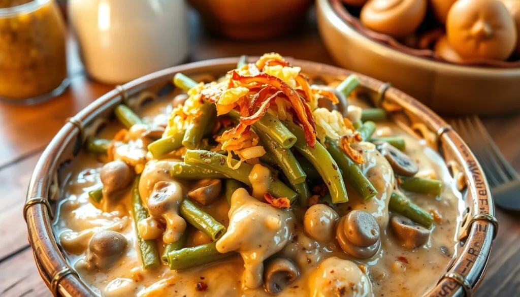 A warm, inviting green bean casserole surrounded by a rustic kitchen setting, featuring creamy mushroom sauce, crispy fried onions on top, and hints of garlic and pepper, with a soft golden light illuminating the dish, evoking a sense of comfort and home-cooked goodness.
green bean casserole main ingredients