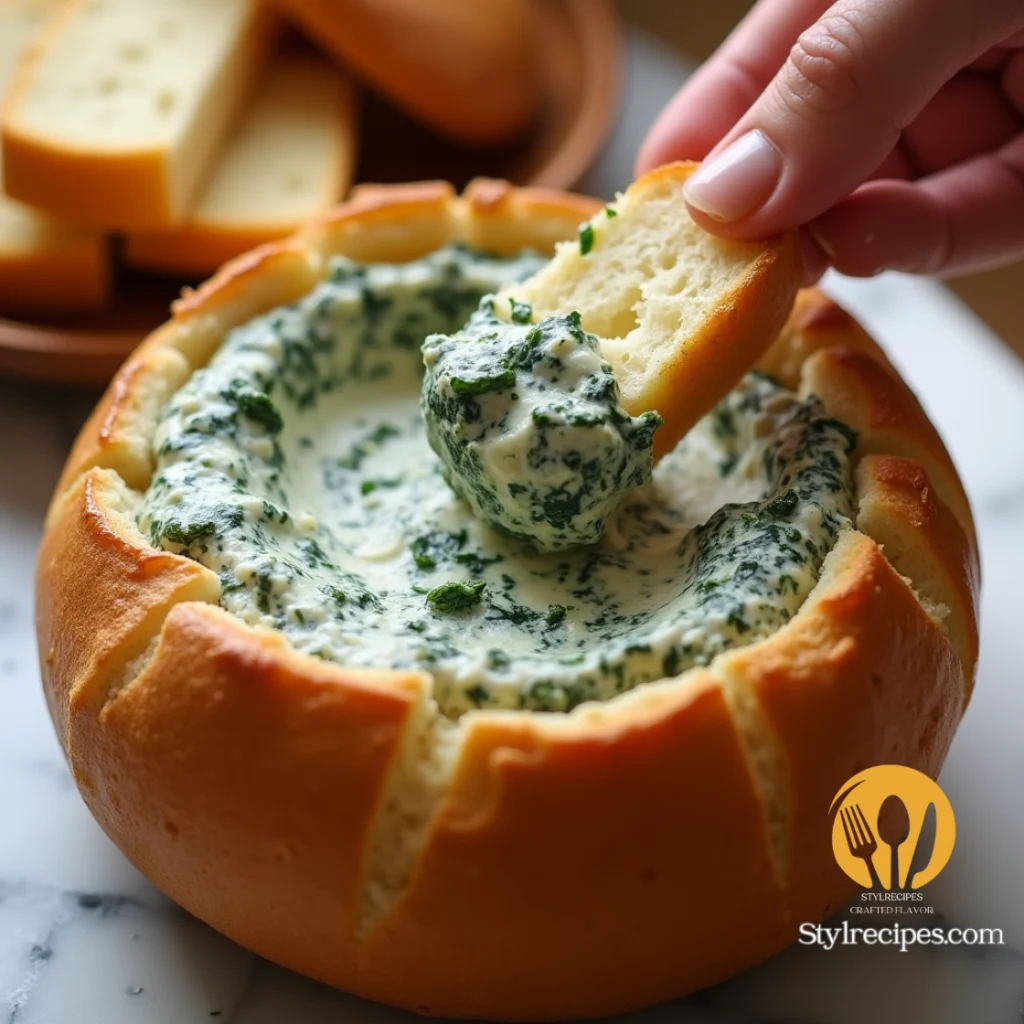 A round, crusty bread bowl filled with creamy spinach dip in bread. A hand dips a piece of torn bread into the smooth and rich dip, set on a marble surface with warm lighting.