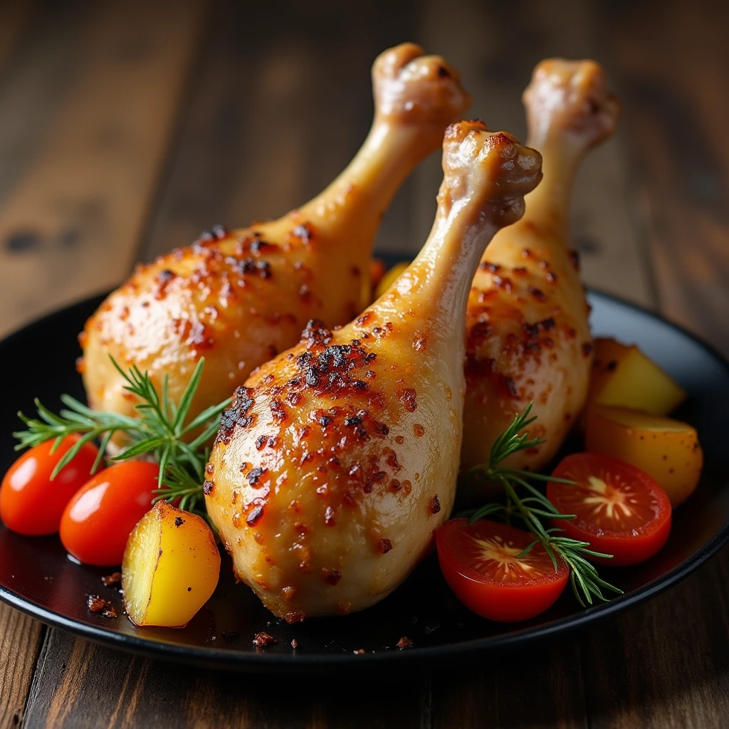 Three golden-brown roasted turkey drumsticks on a black plate, garnished with fresh rosemary sprigs, cherry tomatoes, and roasted potato wedges, set against a rustic wooden background.