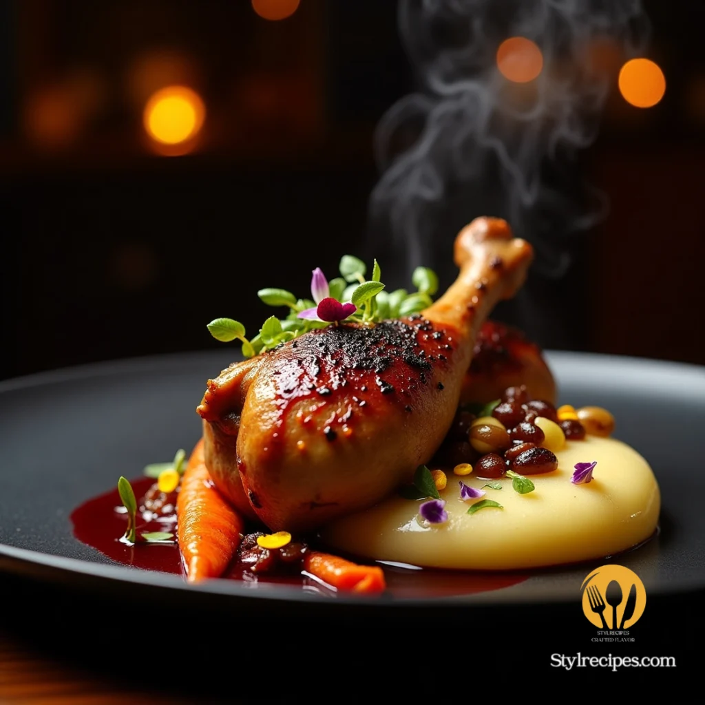 A gourmet turkey drumstick and thigh dish, perfectly roasted to a golden brown with crispy skin, plated elegantly with truffle-infused mashed potatoes, charred baby carrots, and a red wine reduction sauce, garnished with microgreens and edible flowers.