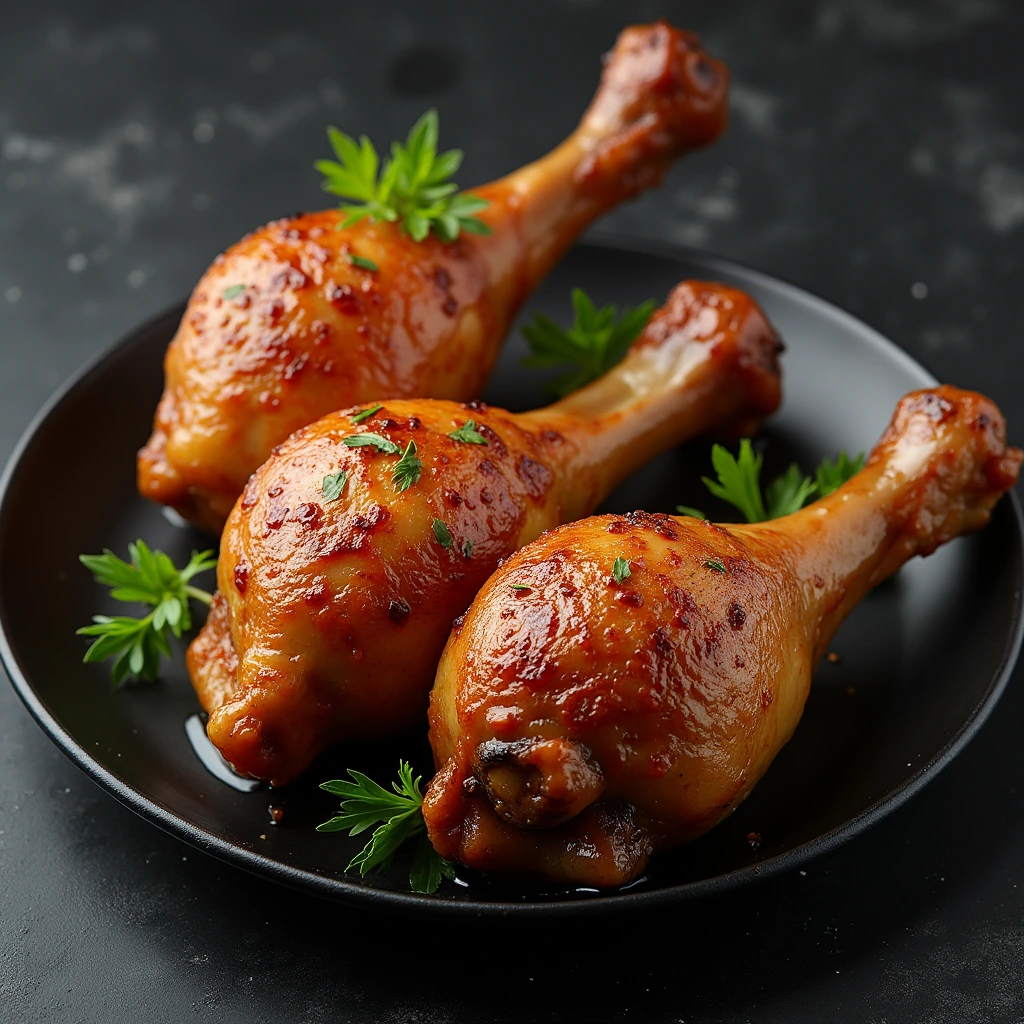 Three glazed turkey drumsticks with a rich, golden-brown color, garnished with fresh parsley, served on a black plate against a dark, textured background.