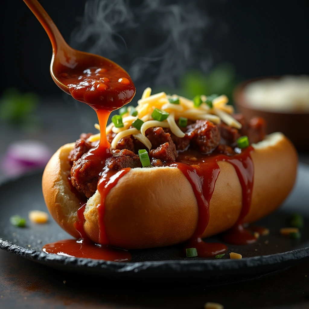 Generate a hyper-realistic, ultra-high-definition image of a gourmet hot dog chili sauce, crafted for a premium food presentation. The sauce should be rich, thick, and meaty, with finely crumbled beef coated in a deep, reddish-brown, glossy reduction that showcases a balance of spices like smoked paprika, cumin, and a hint of garlic.The scene should feature a perfectly grilled, all-beef hot dog with subtle char marks, nestled in a golden, butter-toasted brioche bun. The chili sauce should be generously spooned over the hot dog, cascading naturally with a luxurious, slow-poured effect. Garnish with finely chopped onions and a sprinkle of sharp cheddar for added contrast and texture.The setting should be meticulously styled with a moody, high-end aesthetic—think dark slate or matte black serving plates, subtle steam rising for a fresh-out-of-the-kitchen effect, and dramatic, directional lighting that enhances the depth and texture of the dish. The image should feel cinematic, evoking a sense of indulgence and culinary sophistication, suitable for premium food branding, advertising, or professional presentation.