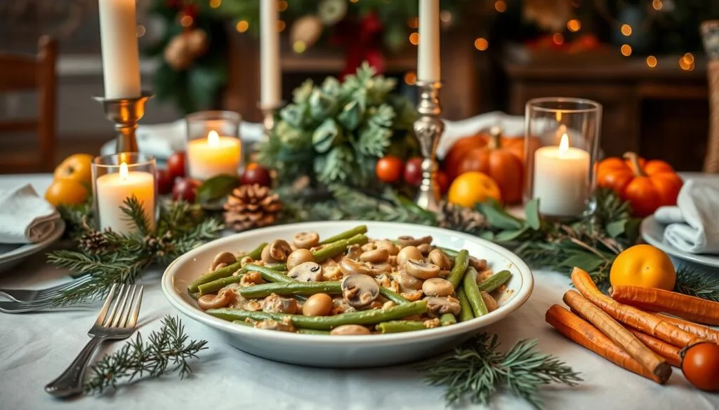 cream of mushroom green bean casserole :
A beautifully arranged holiday table featuring a creamy mushroom green bean casserole, surrounded by festive decorations, warm candlelight, and vibrant seasonal vegetables, evoking a cozy and inviting atmosphere for a family gathering.