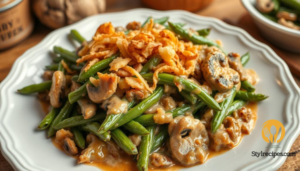 A beautifully plated cream of mushroom string bean casserole, featuring vibrant green beans in a rich, golden-brown mushroom sauce, topped with crispy fried onions, served on an elegant white plate with rustic kitchen elements in the background.