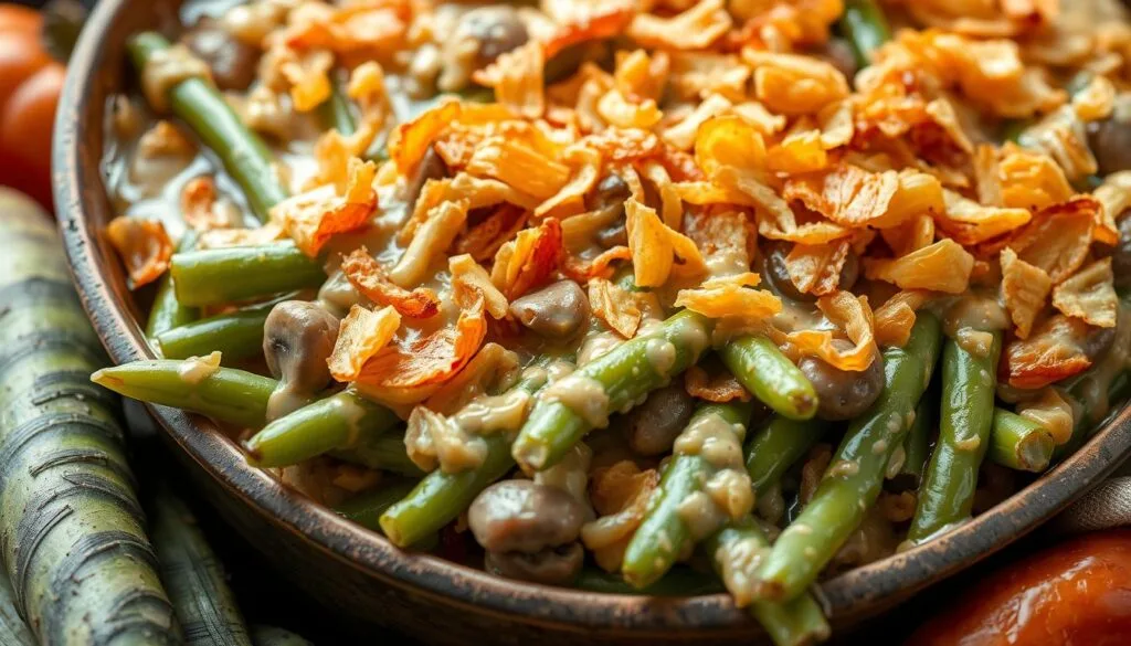 cream of mushroom string bean casserole :
A close-up view of a creamy green bean casserole, featuring vibrant green beans coated in a rich mushroom sauce, topped with crispy golden fried onions, served in a rustic baking dish, surrounded by seasonal autumn vegetables, soft natural lighting highlighting the textures and colors.