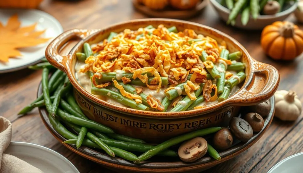 
cream of mushroom string bean casserole :
A visually appealing green bean casserole topped with crispy fried onions, placed in a rustic ceramic dish, surrounded by fresh green beans and mushrooms, with a light creamy sauce glistening in the overhead light, arranged on a wooden table setting with autumn-themed decor.