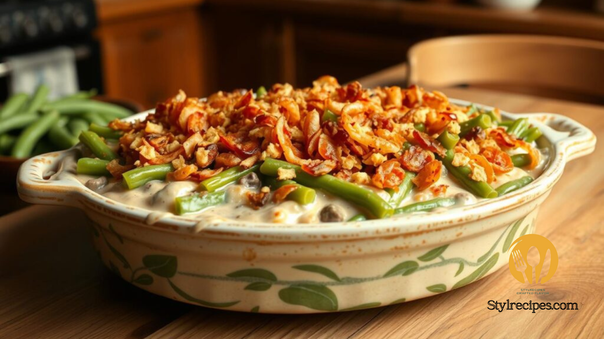 A homemade cream of mushroom string bean casserole in a rustic ceramic dish, featuring green string beans, creamy mushroom sauce, and crispy fried onions, set on a wooden table with a cozy kitchen background.