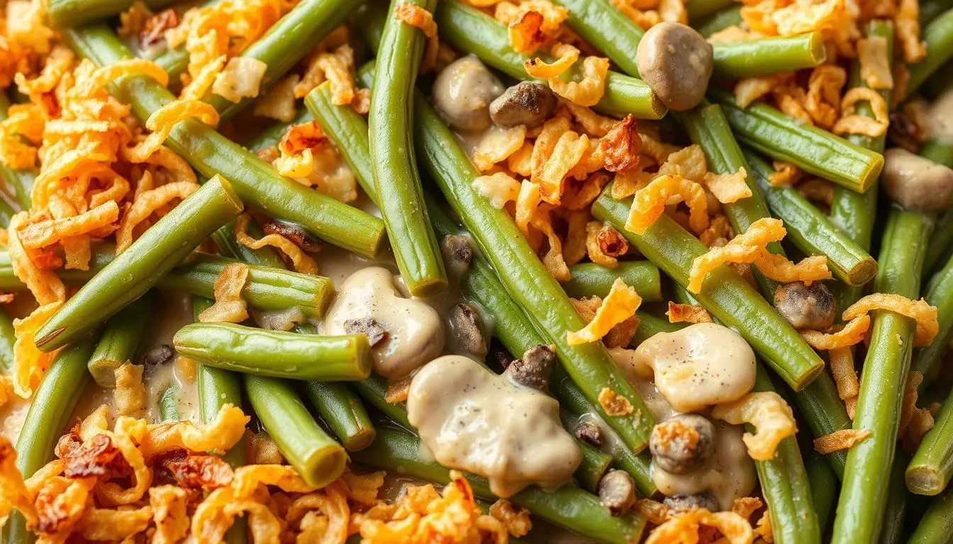 Create a delicious and visually appealing green bean casserole featuring its main ingredients: fresh green beans, creamy mushroom sauce, crispy fried onions, and a touch of seasoning. The dish should look warm, comforting, and inviting, with a golden crispy topping and rich, creamy texture. Capture the essence of a classic homemade casserole, perfect for a cozy family meal or holiday gathering. green bean casserole main ingredients