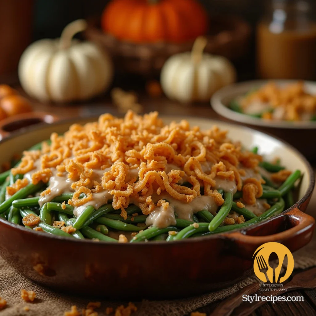 A freshly baked green bean casserole with crispy fried onions on top, served in a rustic dish on a wooden table with warm lighting.