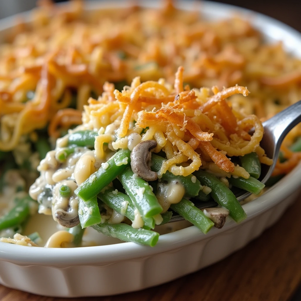 Create a delicious and visually appealing green bean casserole featuring its main ingredients: fresh green beans, creamy mushroom sauce, crispy fried onions, and a touch of seasoning. The dish should look warm, comforting, and inviting, with a golden crispy topping and rich, creamy texture. Capture the essence of a classic homemade casserole, perfect for a cozy family meal or holiday gathering.
green bean casserole main ingredients