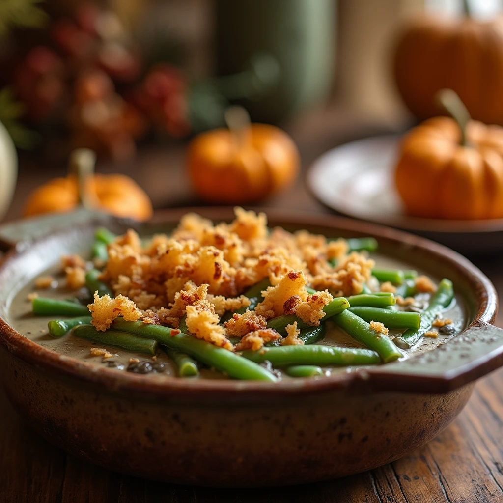  A large serving of green bean casserole for 10, topped with crispy fried onions and served in a rustic dish on a wooden table, ready to be enjoyed at a family gathering.